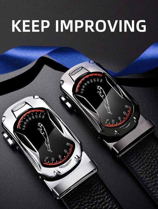 Mandotos black genuine leather men's belt with automatic buckle for 3.5cm waist, perfect for jeans and sports car-inspired style.