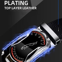 Black genuine leather men's belt with automatic buckle, 3.5cm width, designed for sports cars, high-quality fashion accessory by MANDOTOS.