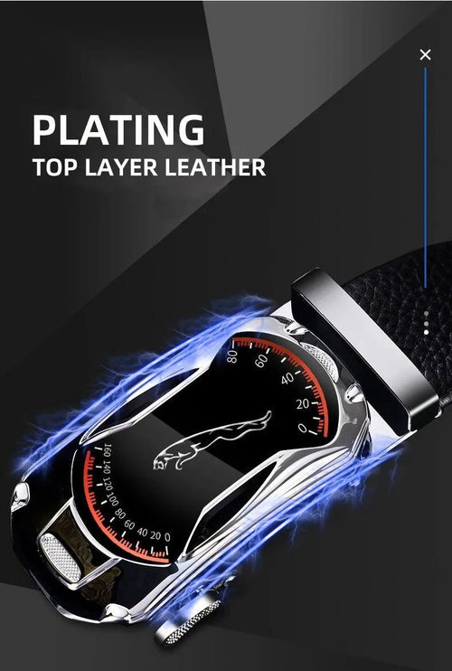 Black genuine leather men's belt with automatic buckle, 3.5cm width, designed for sports cars, high-quality fashion accessory by MANDOTOS.