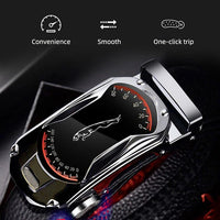 Mandotos black genuine leather men's belt with automatic buckle, 3.5cm width, suitable for jeans and sports car-inspired fashion.
