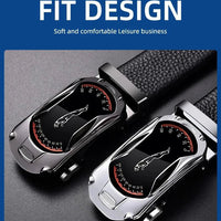 Black genuine leather men's belt with automatic buckle, 3.5cm width, high-quality fashion accessory for sports car style.