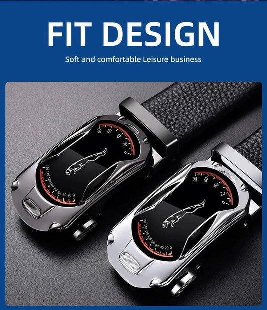 Black genuine leather men's belt with automatic buckle, 3.5cm width, high-quality fashion accessory for sports car style.