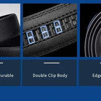 Mandotos black genuine leather men's belt with 3.5cm width, automatic buckle, ideal for jeans and sports car-inspired fashion.