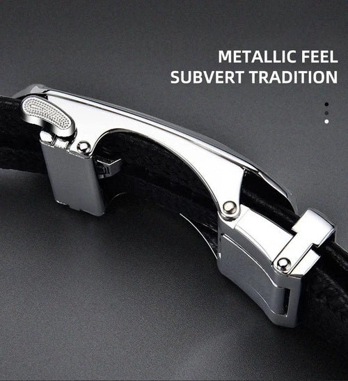 Mandotos black genuine leather men's belt with automatic buckle, 3.5cm width, ideal for sports car-inspired fashion and jeans.