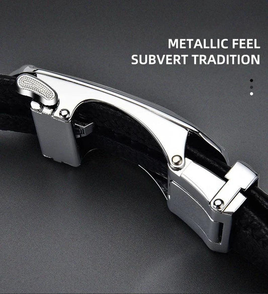 Mandotos black genuine leather men's belt with automatic buckle, 3.5cm width, ideal for sports car-inspired fashion and jeans.