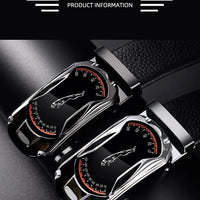 Black genuine leather men's belt with 3.5cm automatic buckle, designed for sports car style, high-quality waist strap for jeans.