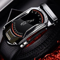 Black genuine leather men's belt with automatic buckle, 3.5cm width, stylish strap suitable for jeans and sports car-inspired fashion.