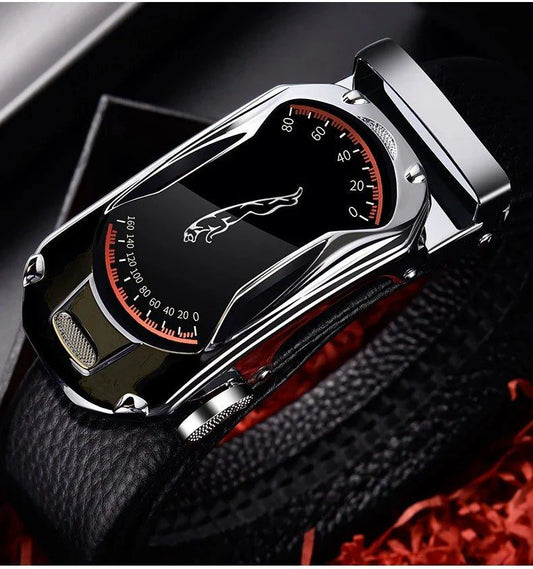 Black genuine leather men's belt with automatic buckle, 3.5cm width, stylish strap suitable for jeans and sports car-inspired fashion.