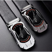 Black genuine leather men's belt with automatic buckle, 3.5cm width, sports car brand style, high-quality fashion accessory.