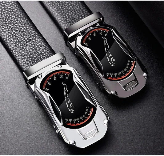 Black genuine leather men's belt with automatic buckle, 3.5cm width, sports car brand style, high-quality fashion accessory.