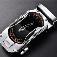 Black genuine leather men's belt with automatic buckle, 3.5cm width, suitable for jeans and sports car-inspired fashion by MANDOTOS.