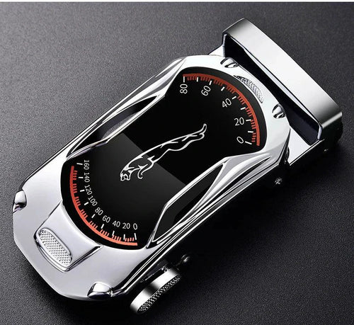 Black genuine leather men's belt with automatic buckle, 3.5cm width, suitable for jeans and sports car-inspired fashion by MANDOTOS.