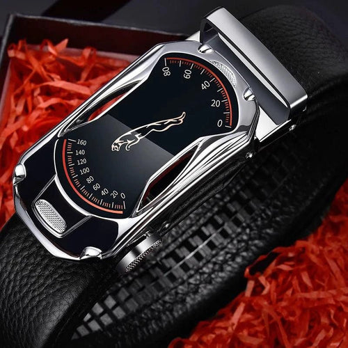 Black genuine leather men's belt with automatic buckle, 3.5cm width, high-quality fashion accessory for jeans and casual wear.