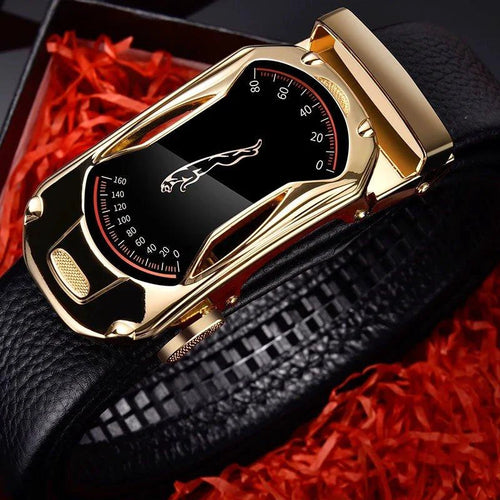 Black genuine leather men's belt with automatic buckle, 3.5cm width, ideal for jeans, featuring a sporty car-themed design.