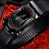 Mandotos black genuine leather men's belt with 3.5cm width, automatic buckle, suitable for jeans and sports car-inspired fashion.