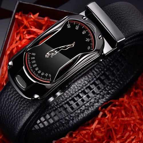 Mandotos black genuine leather men's belt with 3.5cm width, automatic buckle, suitable for jeans and sports car-inspired fashion.