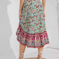 Mandotos Boho Bliss midi skirt featuring flowy fabric, bohemian print, and comfortable waistband for a relaxed, stylish look.