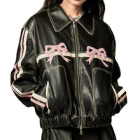 Mandotos Bow Biker's Leather Jacket with stylish design, black leather, and classic biker style for a bold, edgy look.