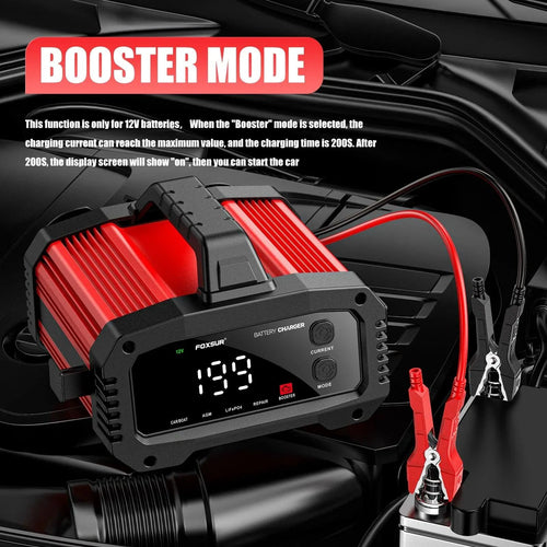 MANDOTOS portable smart car battery charger with 25A/15A output for 12V-24V batteries, pulse repair, suitable for AGM, GEL, and LiFePo4.