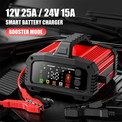 Mandotos portable smart car battery charger with 25A/15A settings for 12V-24V batteries, pulse repair, AGM, GEL, and LiFePo4 compatibility.