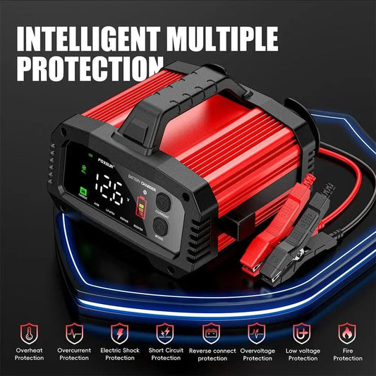 Mandotos portable smart car battery charger with 25A/15A for 12V-24V batteries, pulse repair, compatible with AGM, GEL, LiFePo4.