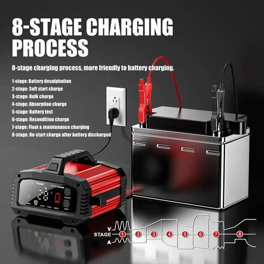 Mandotos portable smart car battery charger with 25A/15A for 12V-24V batteries, pulse repair, compatible with AGM, GEL, LiFePo4