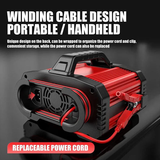 Mandotos portable smart car battery charger displaying digital display and charging cables for 12V-24V batteries.