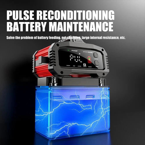 Mandotos portable smart car battery charger with 25A/15A settings for 12V-24V batteries, pulse repair, AGM, GEL, and LiFePo4 types.