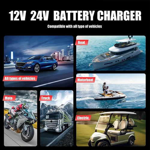 Mandotos portable smart car battery charger with 25A/15A for 12V-24V batteries, pulse repair for AGM, GEL, and LiFePo4 batteries.