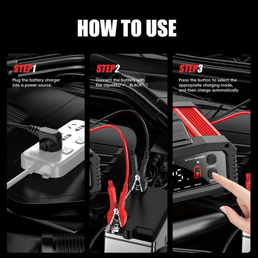 Mandotos portable smart car battery charger for 12V-24V batteries, featuring pulse repair for AGM, GEL, and LiFePo4 types.