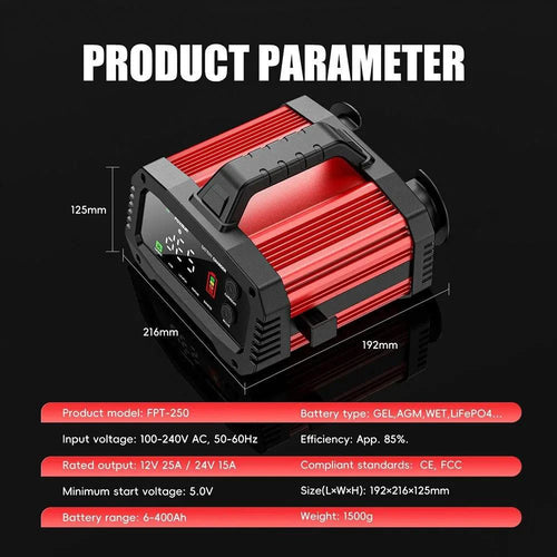 MANDOTOS portable smart car battery charger with 25A/15A for 12V-24V batteries, pulse repair, AGM, GEL, and LiFePo4 types.