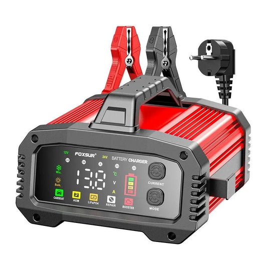 Mandotos portable smart car battery charger with 25A/15A, suitable for 12V-24V batteries, pulse repair, AGM, GEL, and LiFePo4 batteries.