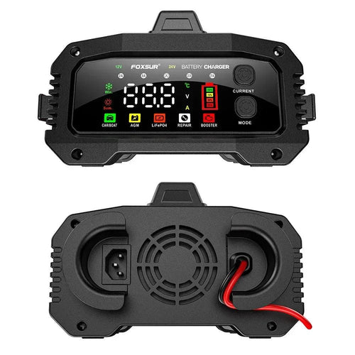Mandotos portable smart car battery charger with 25A/15A options for 12V-24V batteries, pulse repair, suitable for AGM, GEL, and LiFePo4.