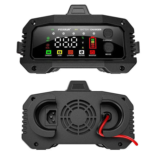 Mandotos portable smart car battery charger with 25A/15A options for 12V-24V batteries, pulse repair, suitable for AGM, GEL, and LiFePo4.