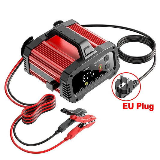 MANDOTOS portable smart car battery charger showing digital display and alligator clamps for 12V-24V batteries, pulse repair feature.