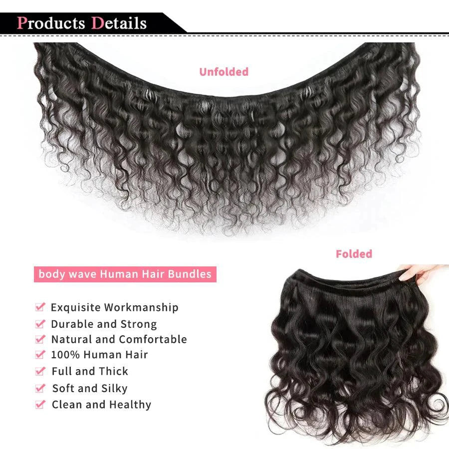 Mandotos Brazilian Body Wave Hair Bundles, 3-piece set of 100% human hair extensions with natural wave texture.