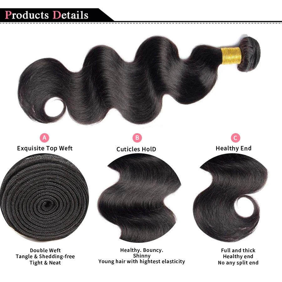Mandotos Brazilian Body Wave Hair Bundles, 3-piece set of 100% human hair extensions with natural wave texture.