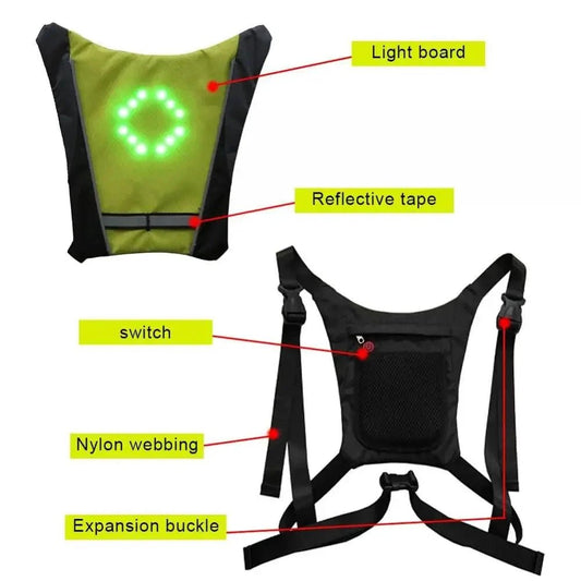 Mandotos BrightRide LED cycling vest with storage, featuring reflective materials and a secure pocket for safe bike rides.