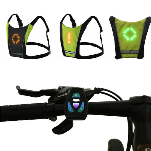 Mandotos BrightRide LED cycling vest with storage, featuring reflective strips and adjustable fit for outdoor riding.