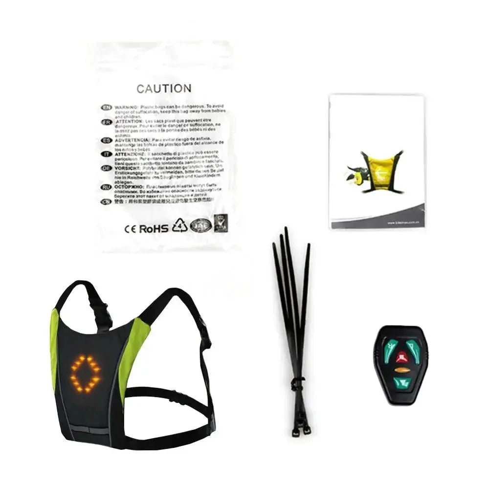 Mandotos BrightRide LED cycling vest with storage, featuring reflective strips and adjustable fit for safety during night rides.