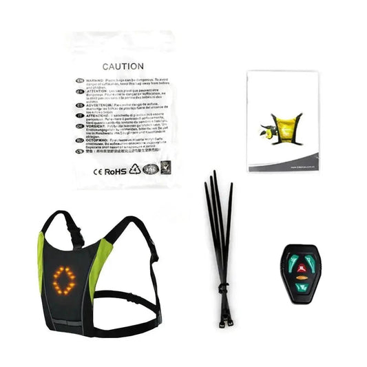 Mandotos BrightRide LED cycling vest with reflective storage pockets, designed for visibility and safety during bike rides.