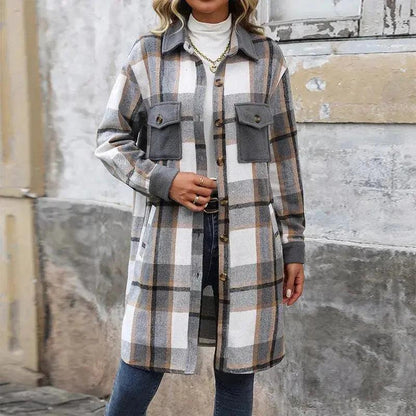Brushed Plaid Long Coat with Pockets - Women's Winter Jacket - MANDOTOS