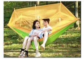 Mandotos Bug-Free Camp Hammock for two, featuring mosquito protection, ideal for outdoor relaxation and serene camping experiences.