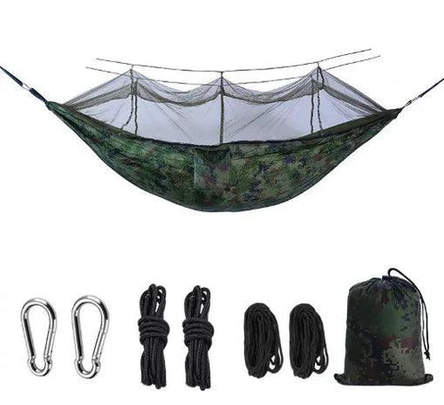 Mandotos Bug-Free Camp Hammock for two with mosquito protection, ideal for outdoor relaxation and serene camping experiences.