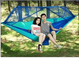 Mandotos Bug-Free Camp Hammock for two, featuring mosquito protection, ideal for outdoor relaxation in nature.
