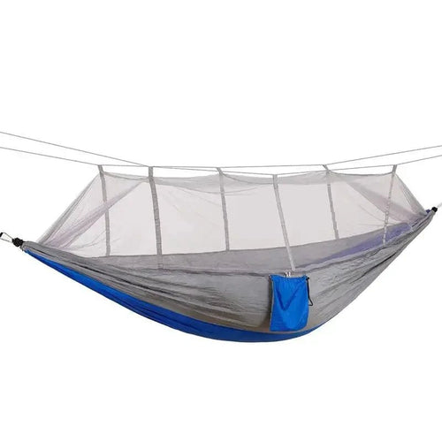 Mandotos bug-free camp hammock made of durable 210T nylon fabric, designed to keep insects away for peaceful outdoor relaxation.