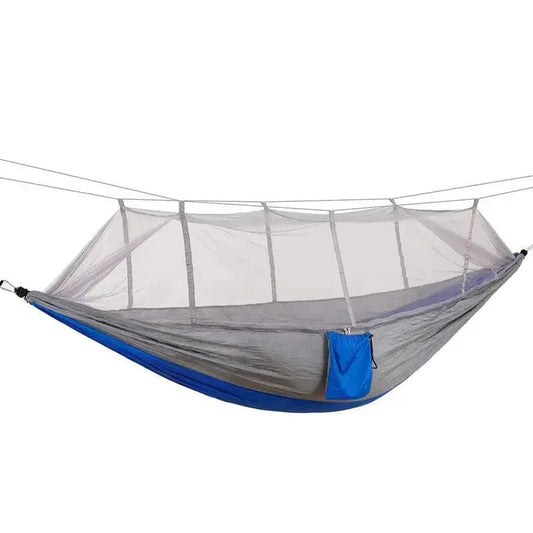 Mandotos bug-free camp hammock made of durable 210T nylon fabric, designed to keep insects away for peaceful outdoor relaxation.