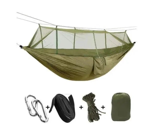 Mandotos bug-free camping hammock made of durable 210T nylon fabric with insect netting for peaceful outdoor relaxation.