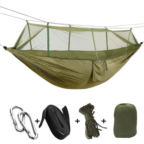 Mandotos Bug-Free Camp Hammock made of durable 210T nylon fabric, designed for outdoor comfort and insect protection.