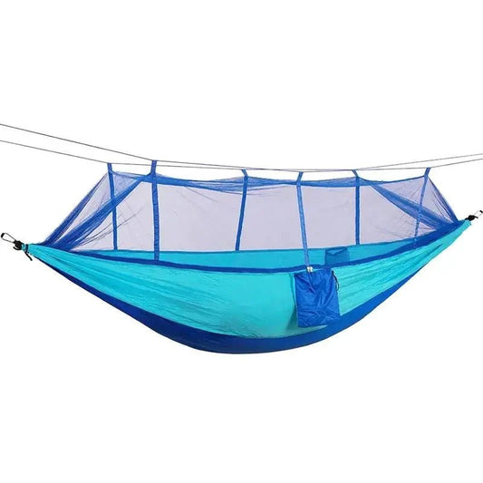 Mandotos bug-free camp hammock made of durable 210T nylon fabric, designed to keep insects away for peaceful outdoor relaxation.